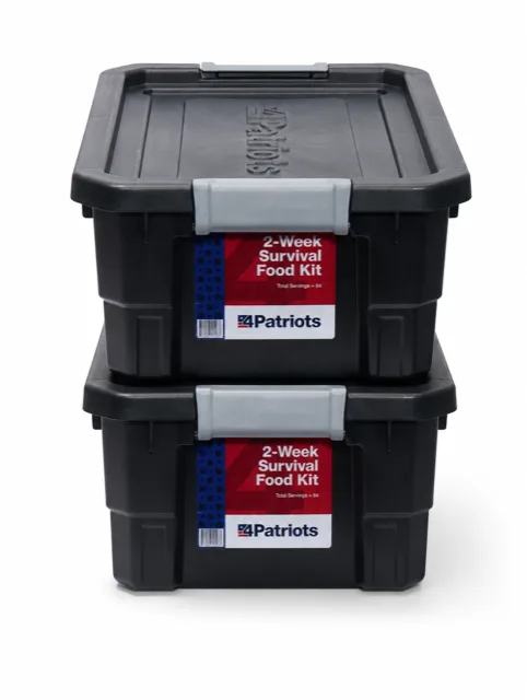 TWO 2-Week Survival Food Kits stacked — twice the food, the second kit FREE on this page