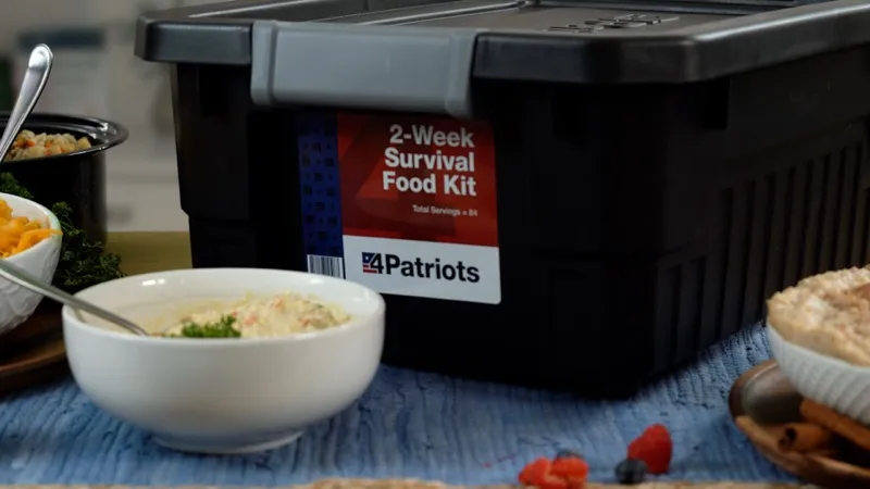 2-Week Survival Food Kit tote on a table with prepared meals