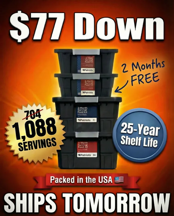 $77 down. 1,088 servings. 2 months free. 25-year shelf life. Ships tomorrow.