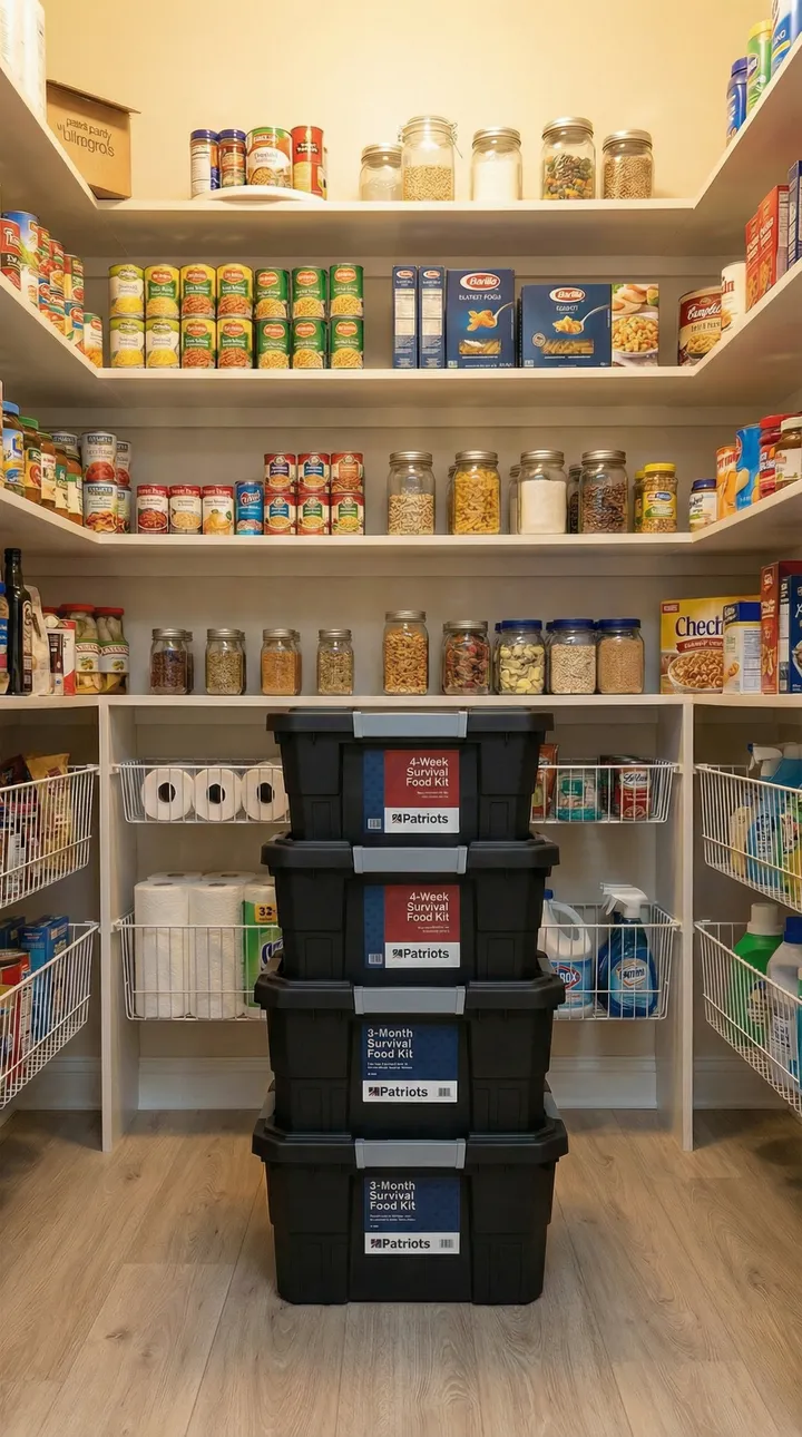 4Patriots survival food totes stored discreetly in a home pantry closet