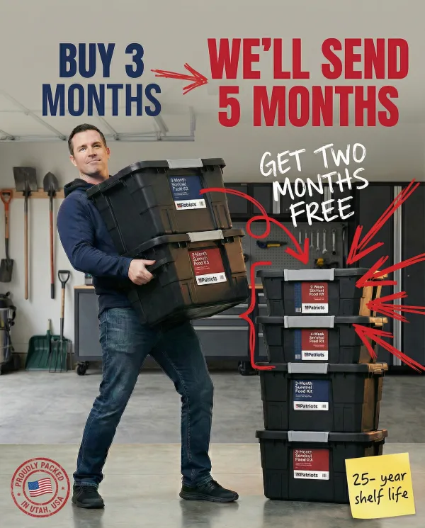 Buy 3 months of survival food, we send 5 months — 2 months free, 25-year shelf life, proudly packed in Utah USA