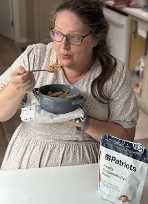 Denise Linley with part of the 3-Month Survival Food Kit