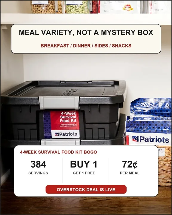 4Patriots 4-Week Survival Food Kit BOGO meal variety creative showing 384 servings, buy one get one free, and 72 cents per meal