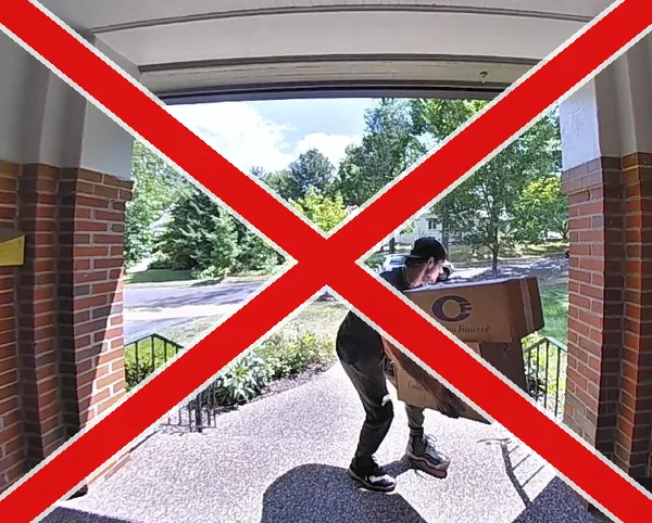 Porch pirate stealing packages, blocked by shipping protection