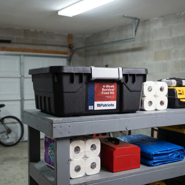 4Patriots food tote stored on a garage shelf