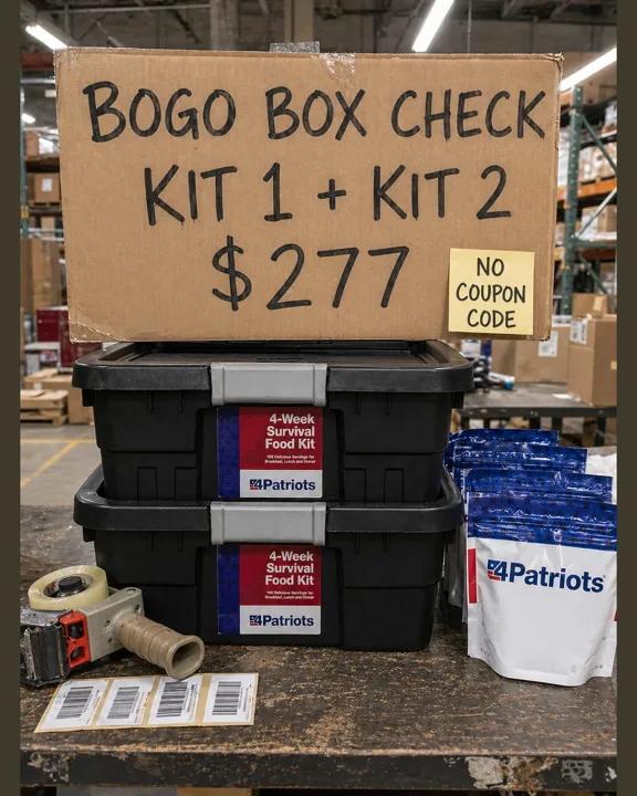 Two 4Patriots 4-Week Survival Food Kit totes packed together for the Buy One Get One deal in the warehouse