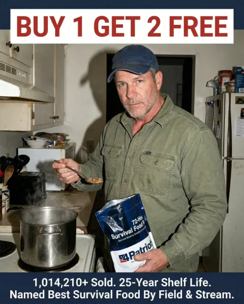 Man cooking 4Patriots 72-Hour Survival Food at home — Buy 1 Get 2 FREE