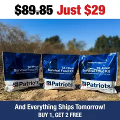Three 72-Hour Survival Food Kits on dry ground — $29 ships tomorrow