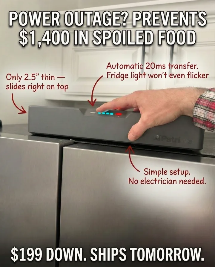 Blackout Buddy on top of fridge: only 2.5 inches thin, automatic 20ms power transfer, simple setup with no electrician needed. $199 down, ships tomorrow.