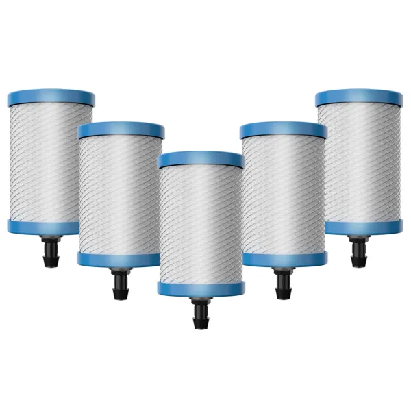 Five Nanomesh replacement filter elements arranged in a V formation on white background