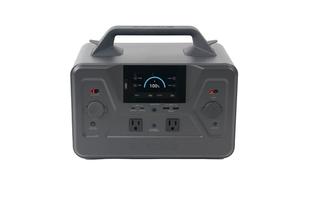Patriot Power Generator 1200 front controls, outlets and powered-on display