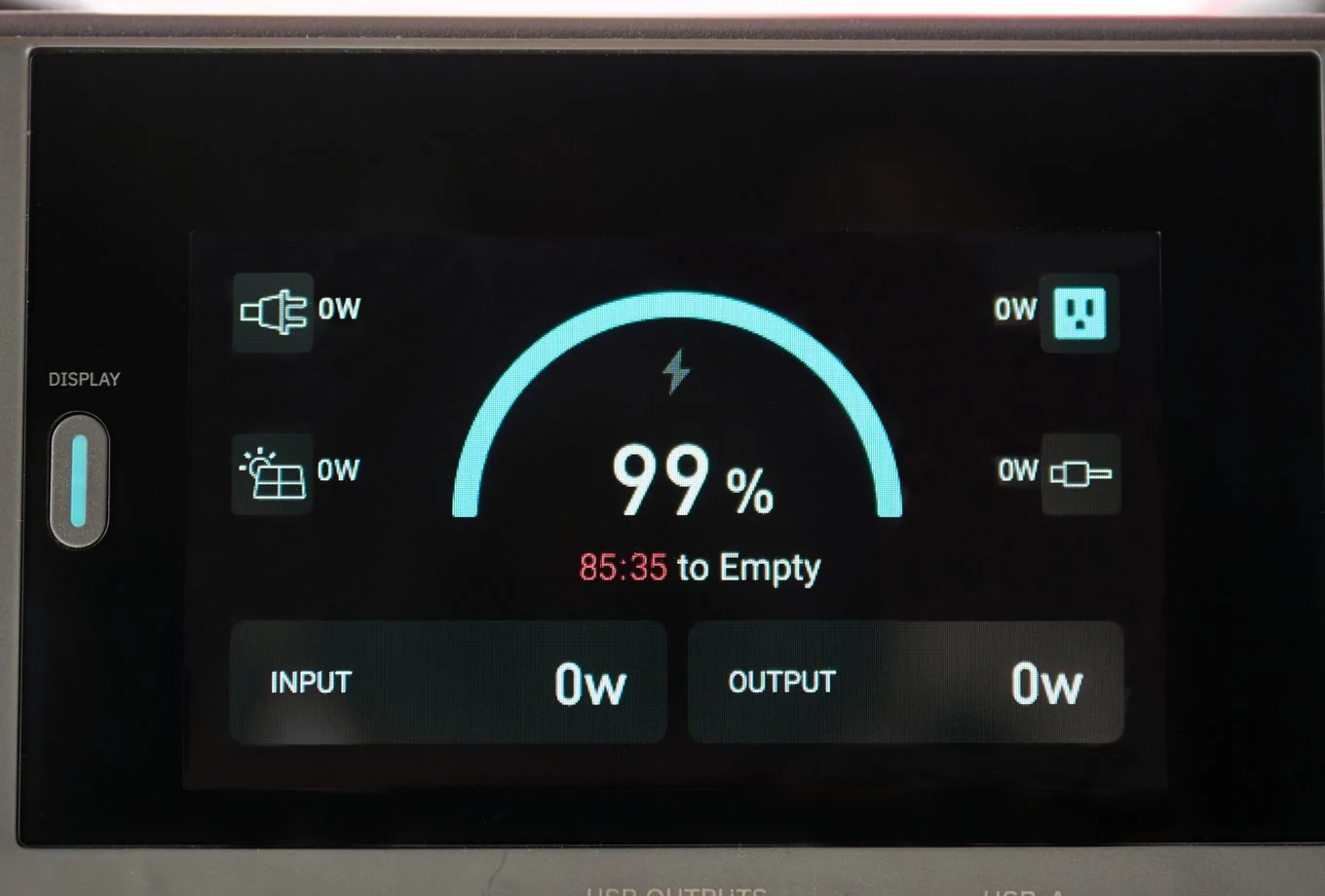Close view of the Patriot Power Generator 1200 powered-on LCD display