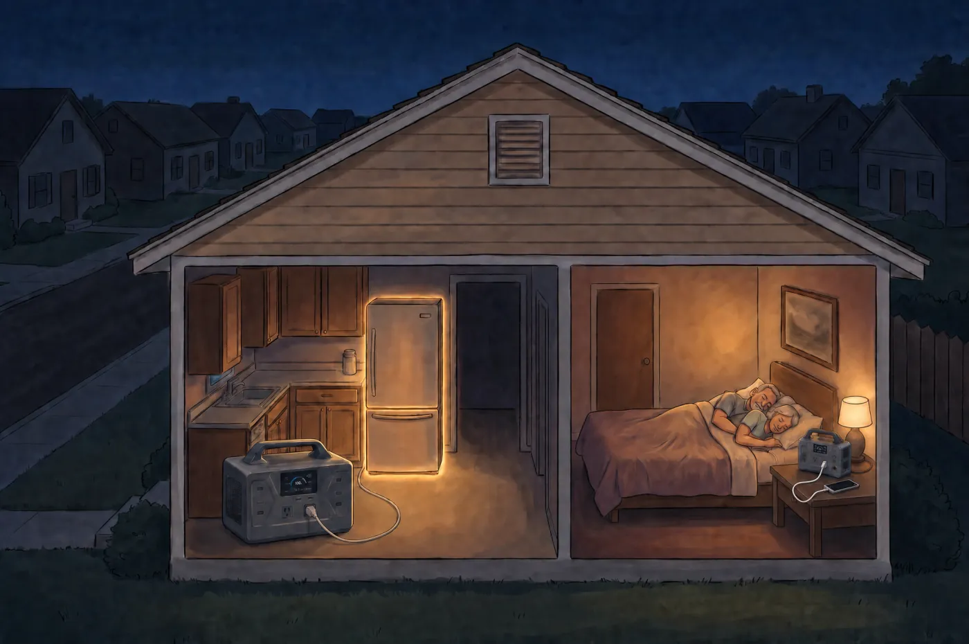 Illustration: cutaway view of a house at night during a blackout — the whole neighborhood is dark, but the kitchen glows where the Patriot Power Generator 1200 powers the refrigerator, and the bedroom glows where the FREE Patriot Power Sidekick powers a bedside lamp and charging phone while a couple sleeps.