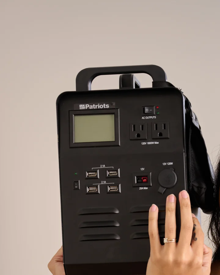 Verified current-model Patriot Power Generator 1800 faceplate with two AC outlets, four USB-A ports, Anderson connector, and 12-volt socket