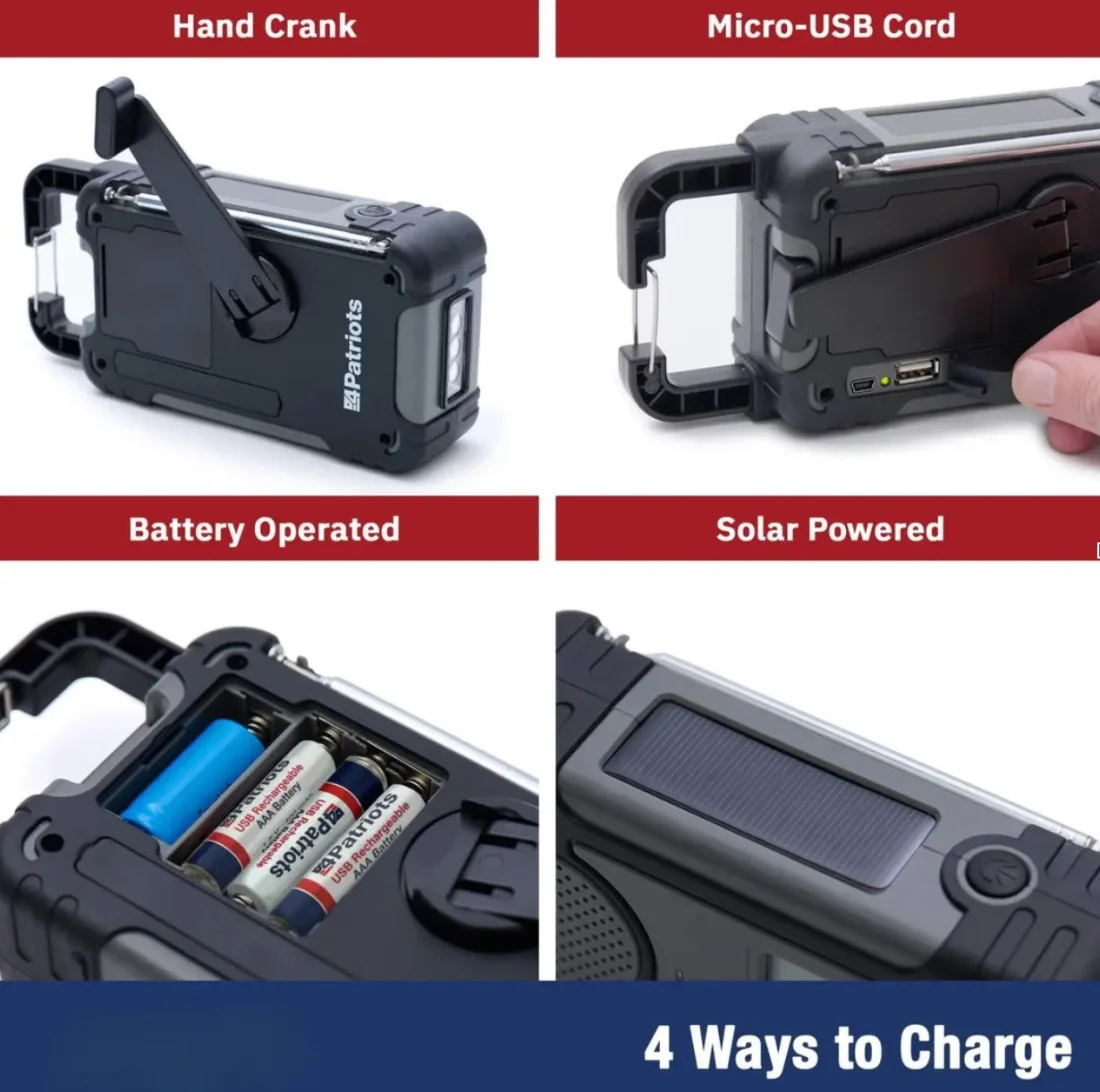 Four ways to charge the Liberty Band Solar Radio: hand-crank, micro-USB cord, AAA batteries, solar panel